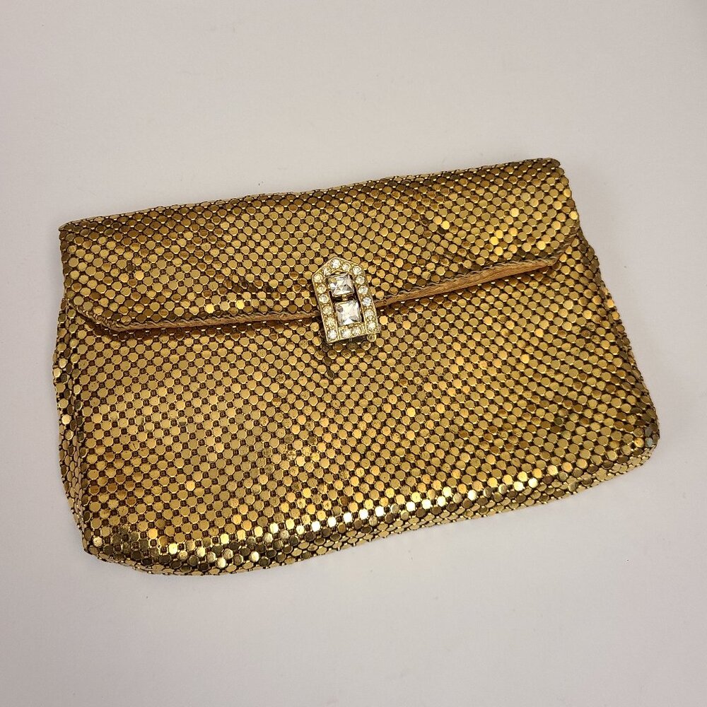 Vintage Whiting & Davis Gold Mesh Evening Bag Clutch with Rhinestone Clasp
